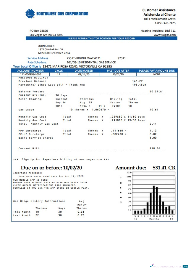 download USA Nevada Southwest gas Corporation utility bill template in Word and PDF format PDF template